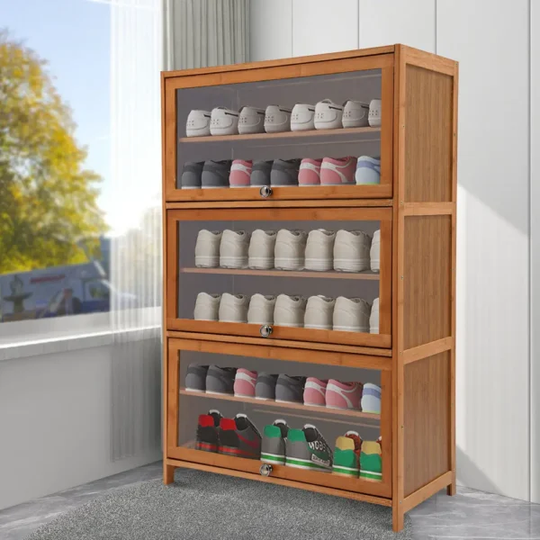 6-Tier Shoe Organizer Storage Cabinet w/ 3 Flip-up Door 32" Entryway Bamboo - Image 2