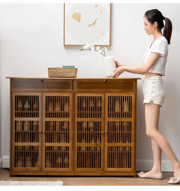 Household corridor door shoe cabinet living room multi-layer shoe rack small apartment bamboo solid wood dustproof shoe storage
