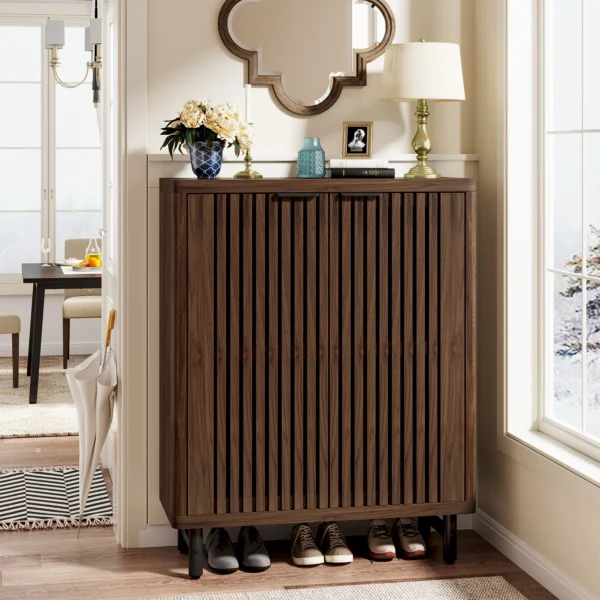 Tribesigns 6-Tier Shoe Cabinet with Louvered Doors, Large Wooden Shoe Storage Cabinet with Adjustable Shelves - Image 4